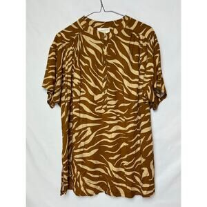 Maeve Women’s Large Tan Zebra Stripe Henley Short Sleeve Comfort Blouse Shirt